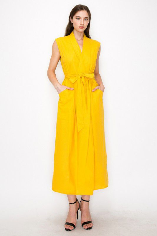 Yellow sleeveless linen maxi dress