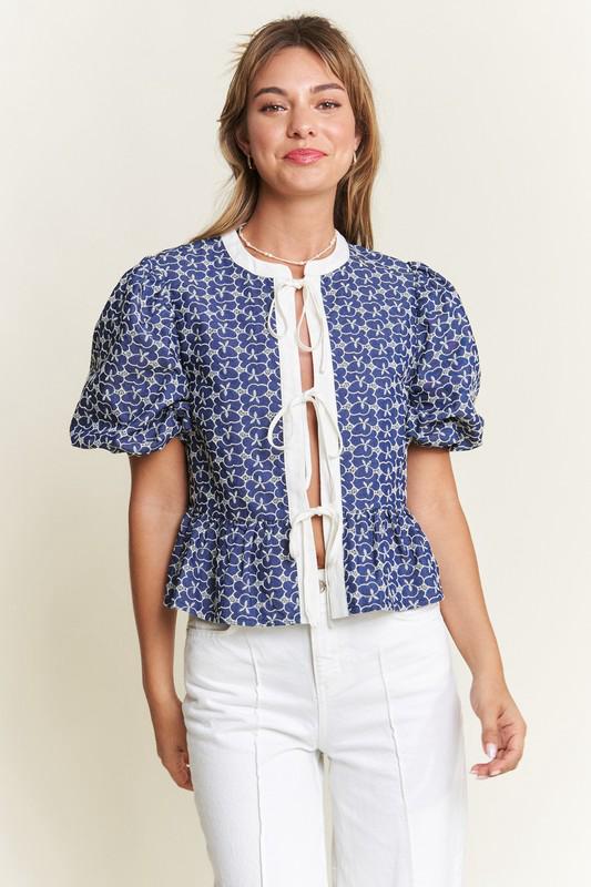 Indigo bloom tie front blouse (Preorder)