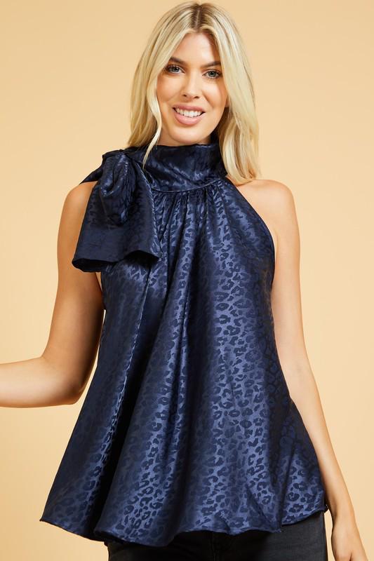 High neck bow navy top