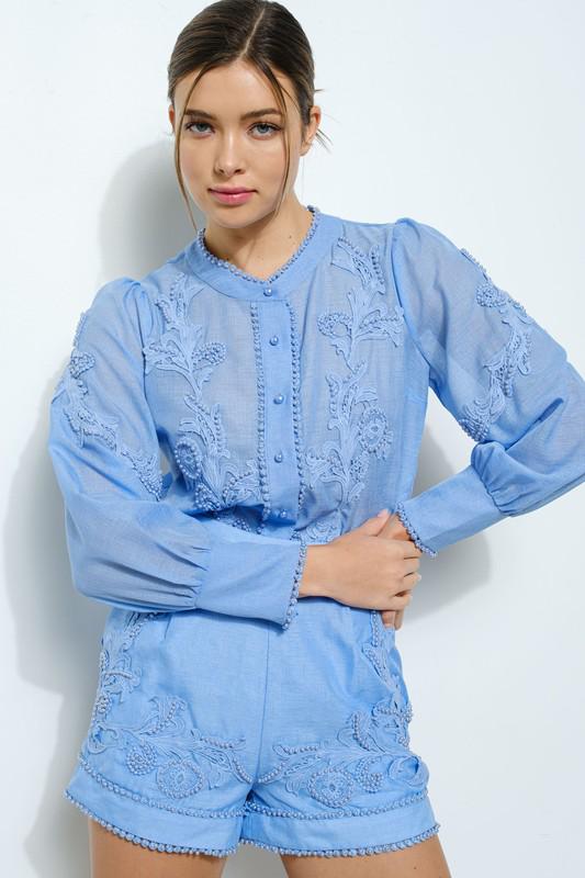 Embroidery victorian blue top