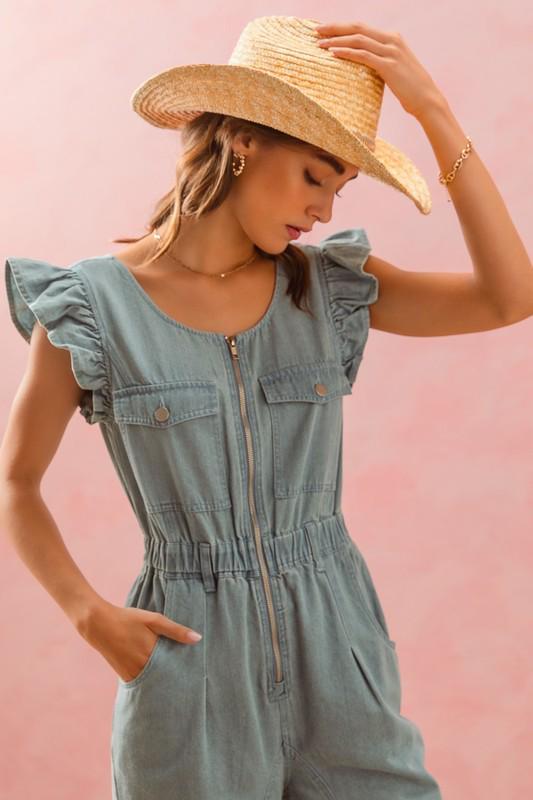 Flutter sleeve silver zipper denim Jumpsuit