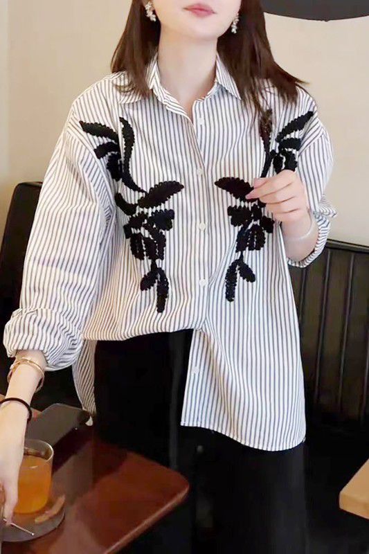 Black striped flower details button down white top