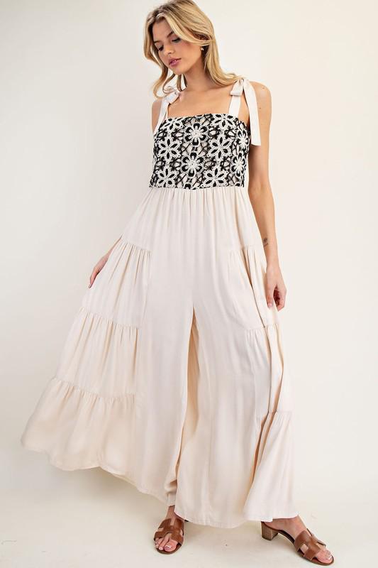 Floral embroidered tiered leg jumpsuit