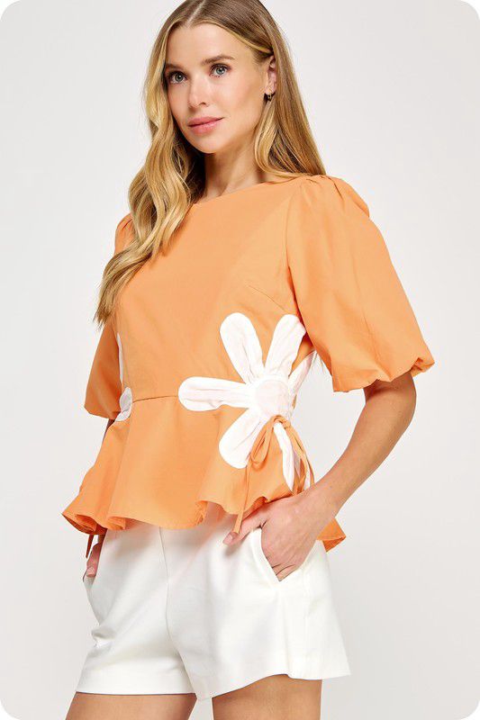 Flower color block orangep poplin top