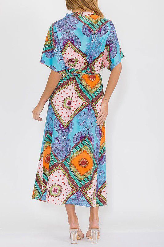 V neck button up multi print dress