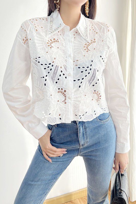 Embroidered button down white top