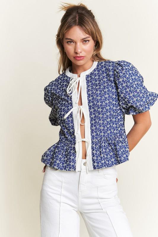 Indigo bloom tie front blouse (Preorder)