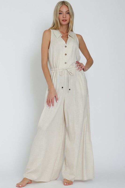 Button down tie front jumpsuit (Preorder)