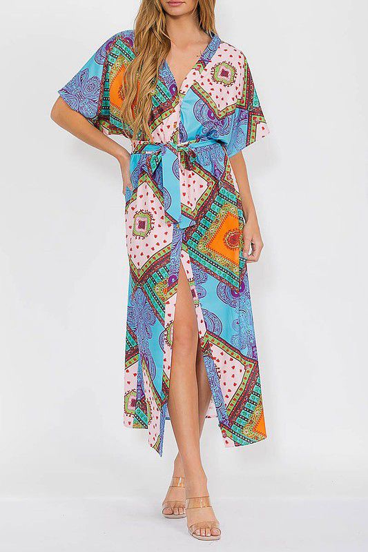 V neck button up multi print dress