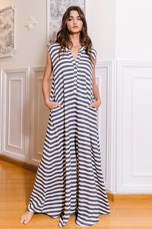 Wide leg loose fit stripe jumpsuit (Preorder)