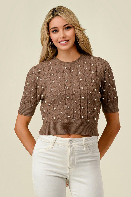 Pearl embellished expresso cabel knit top (Preorder)