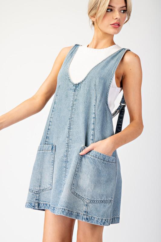 Mini denim overall dress