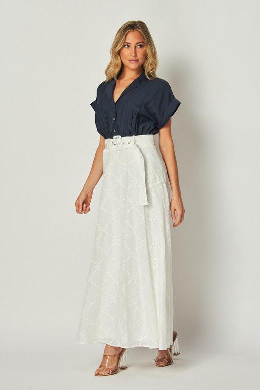 Navy white embroidered skirt maxi dress