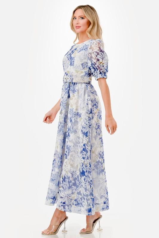 White & blue lace belted maxi dress