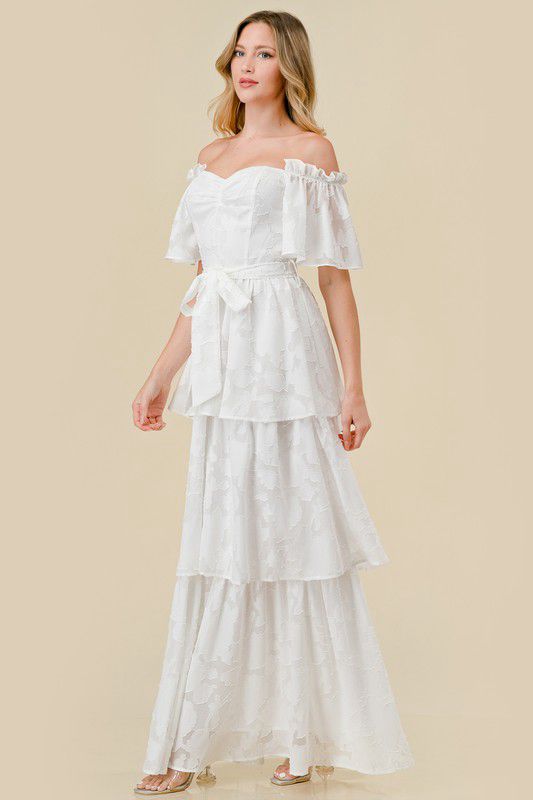 Off shoulder white ruffle maxi dress (Preorder)