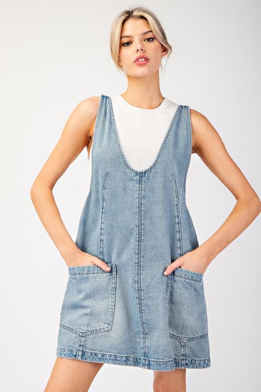 Mini denim overall dress