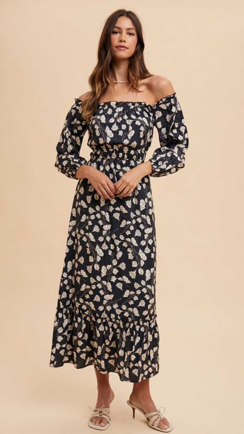 Off shoulder white flowers print black dress