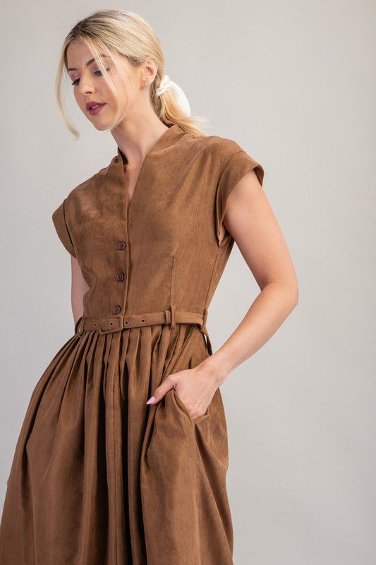 Camel button down midi dress