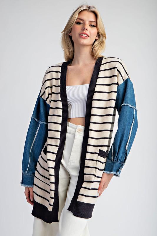 Oversized stripe/denim sleeves cardigan