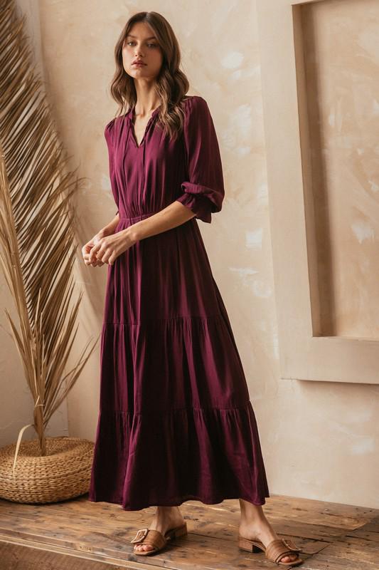 3/4 sleeves wine red maxi dress