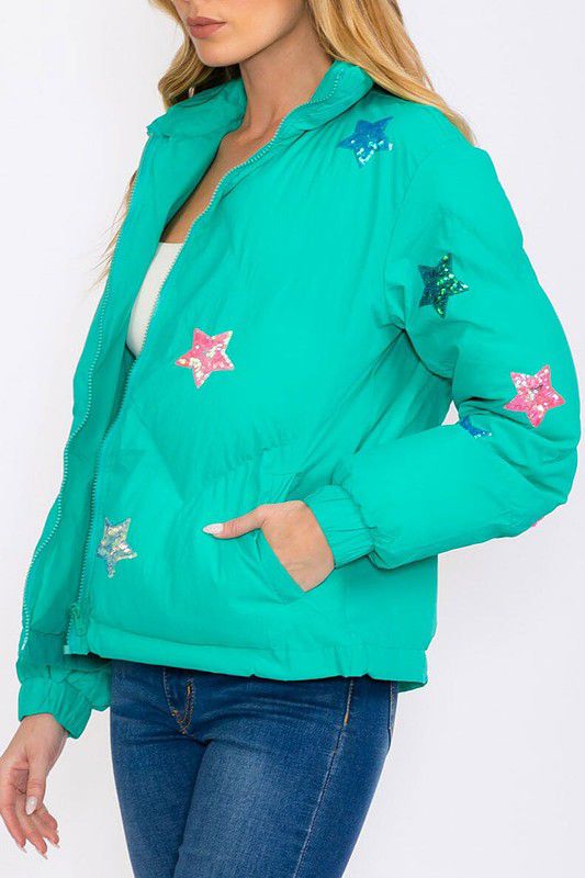 Zip up pockets star sequins puffer jacket