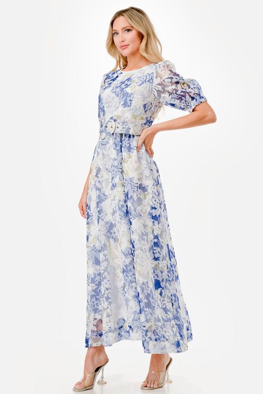 White & blue lace belted maxi dress