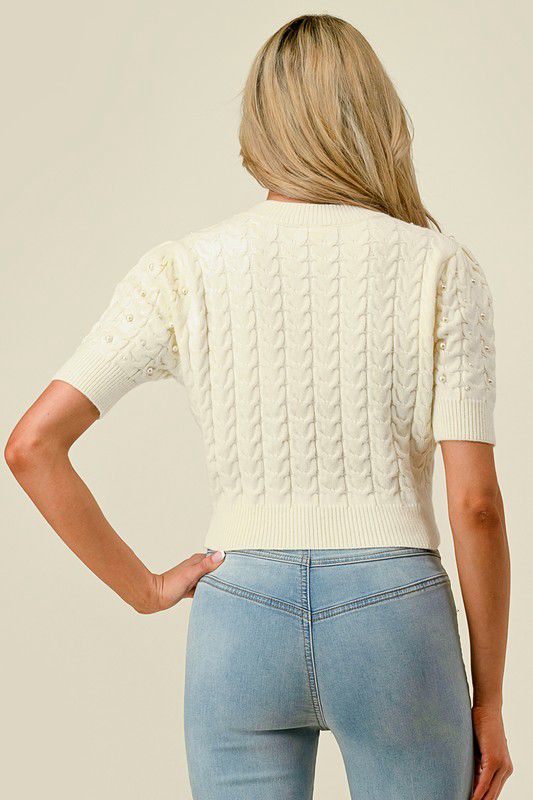 Pearl embellished cream cabel knit top (Preorder)