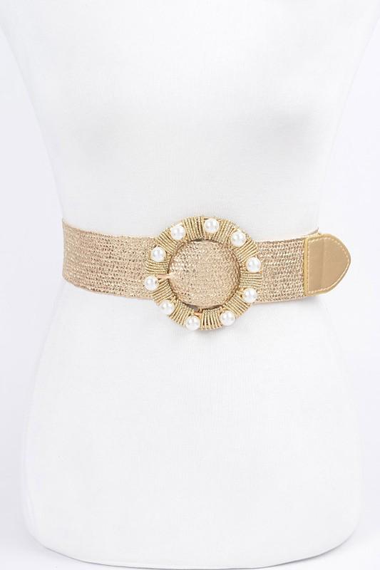 Metallic stretch belt with pearl buckle