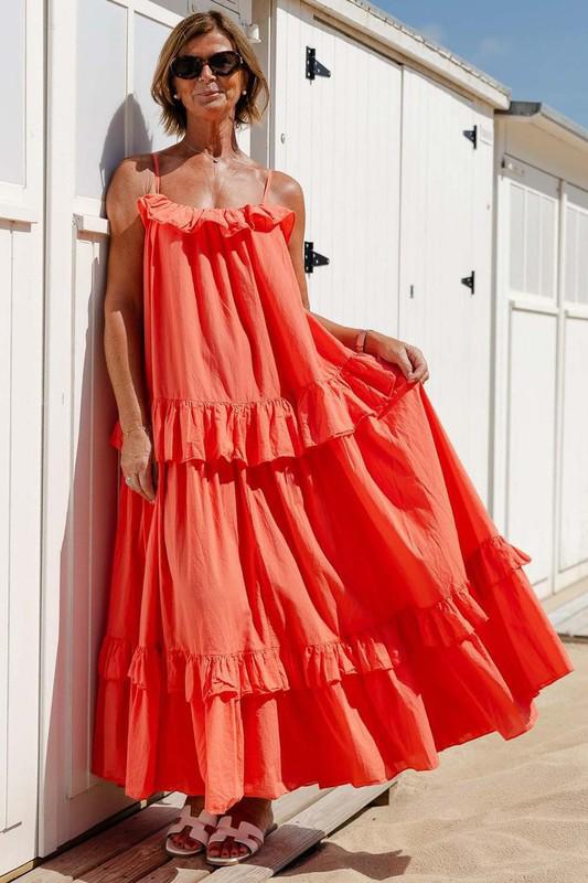 Ruffled hem flowing coral maxi dress