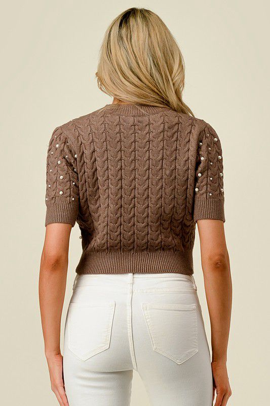 Pearl embellished expresso cabel knit top (Preorder)