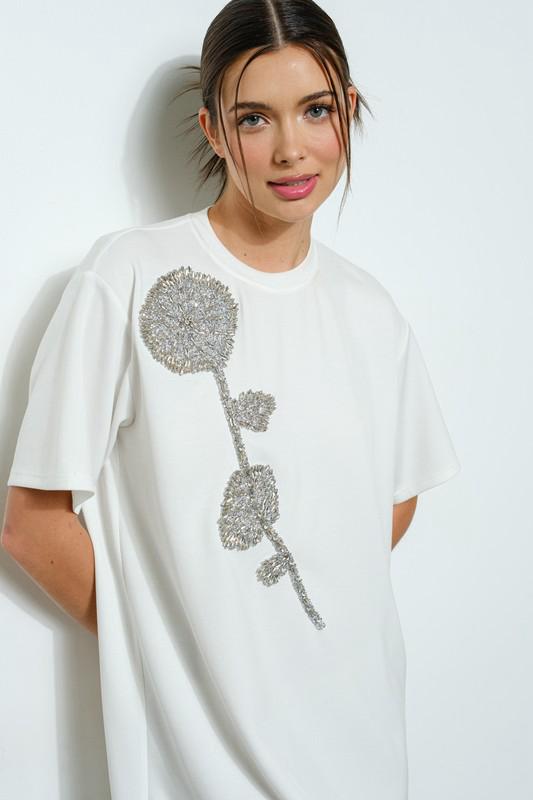 Rhinestone beaded flower white t-shirt dress (Preorder)