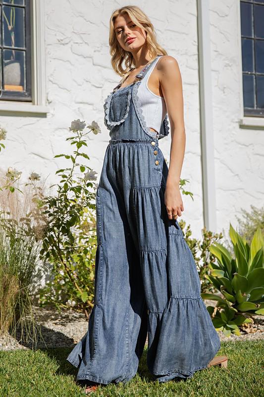 Lace trim tiered sleeveless jumpsuit