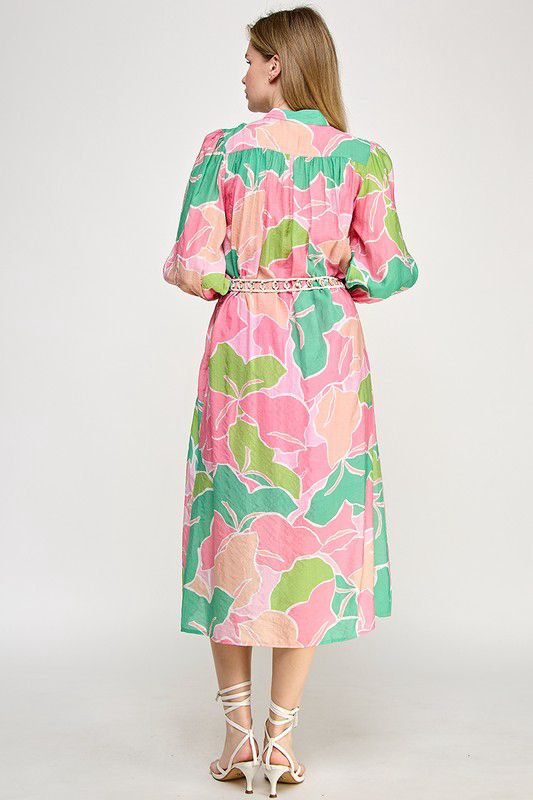 Pink & Green Floral Print Belted Midi Dress (Preorder coming by the end of March)