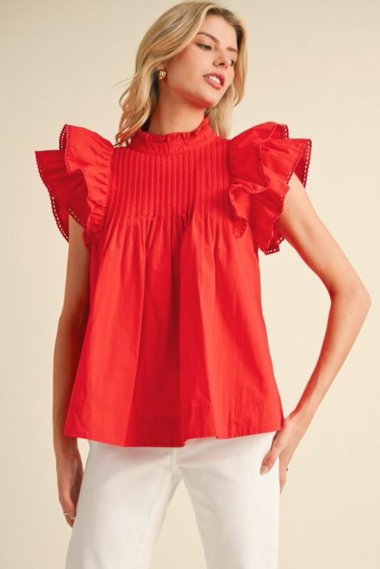 Ruby red ruffle pleated blouse (Preorder)