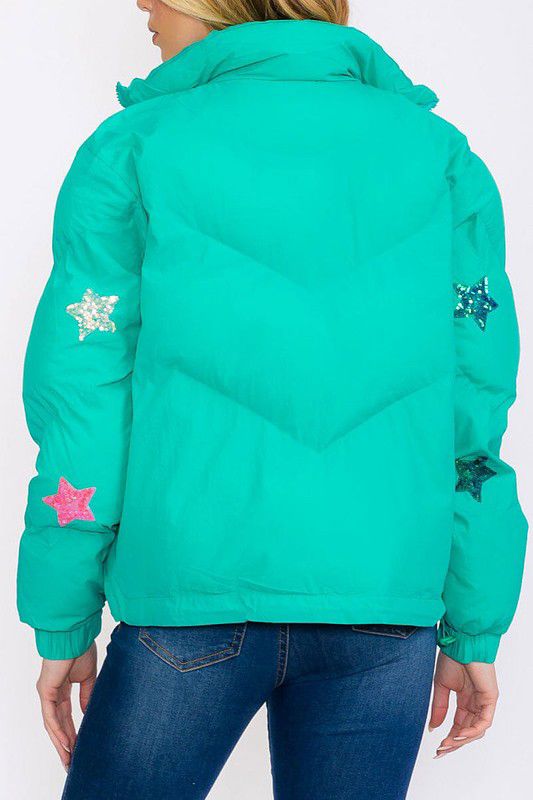 Zip up pockets star sequins puffer jacket