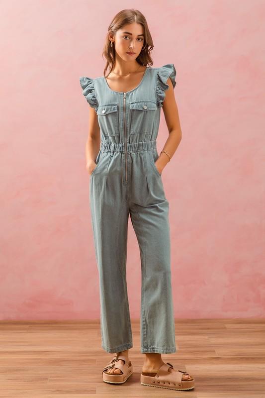 Flutter sleeve silver zipper denim Jumpsuit