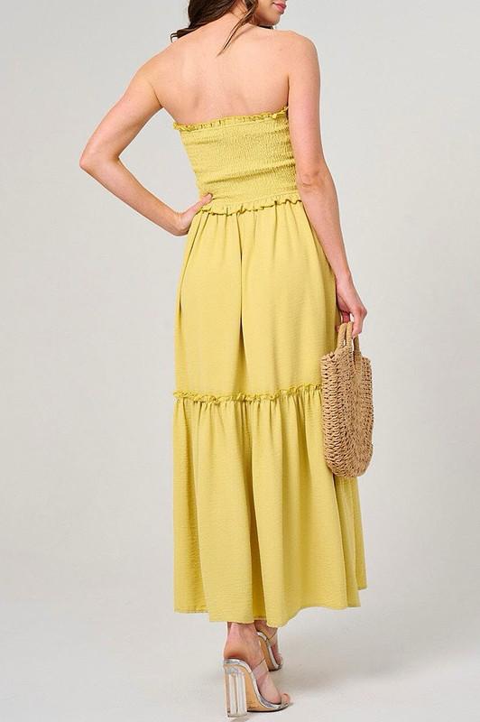 Strapless yellow smocked maxi dress