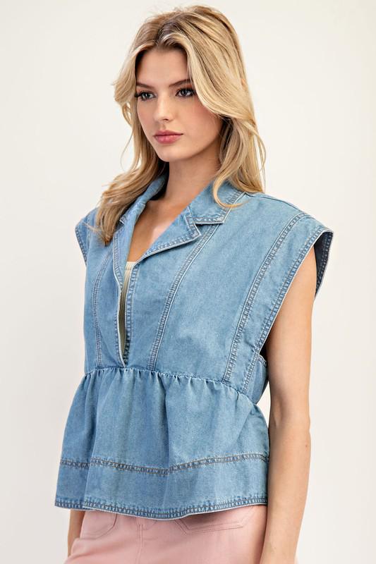 Denim sleeveless collared top