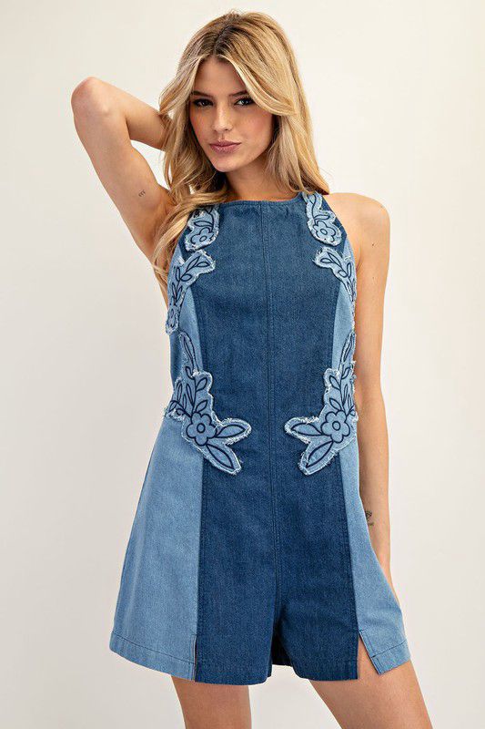 Mineral washed embroidered denim romper (Preorder)