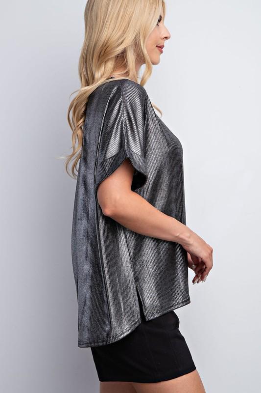 High low metallic silver top