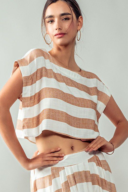 Breezy beachside striped taupe white cropped top