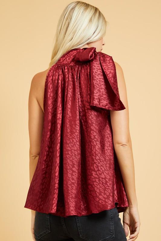 High neck bow burgundy top