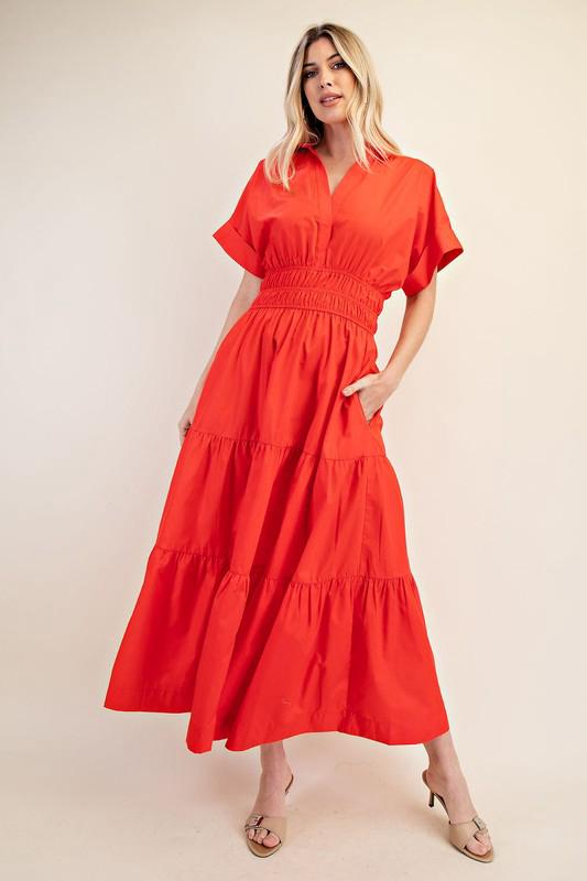 V neck maxi orange red dress (Preorder)