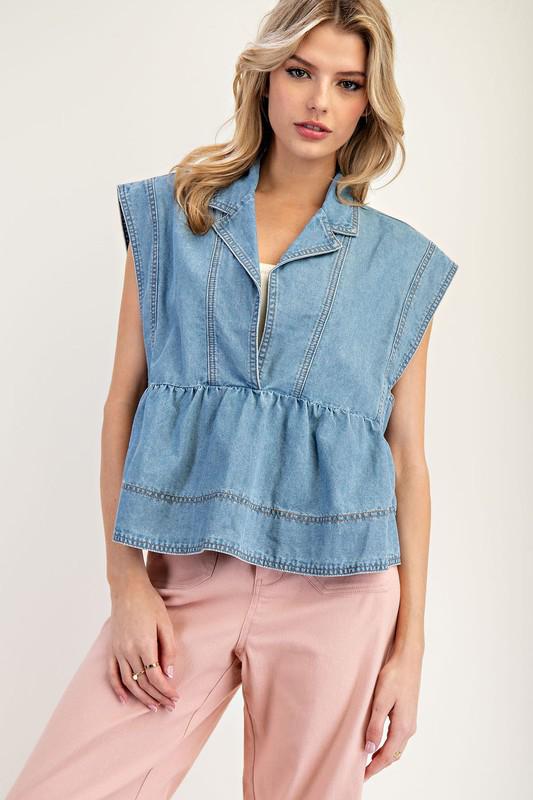 Denim sleeveless collared top