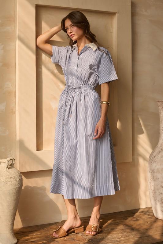 Button down smocked waist midi blue dress