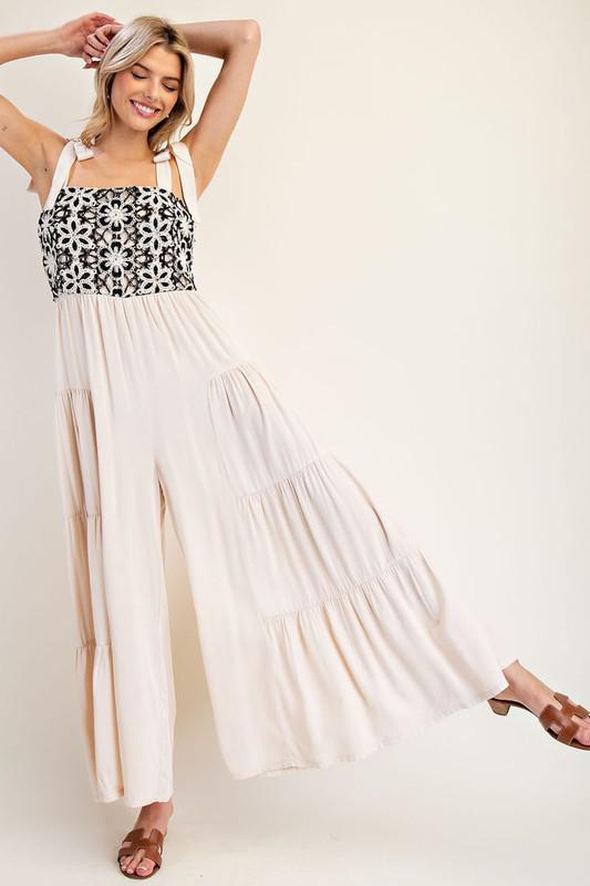 Floral embroidered tiered leg jumpsuit (Preorder)