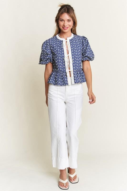 Indigo bloom tie front blouse (Preorder)