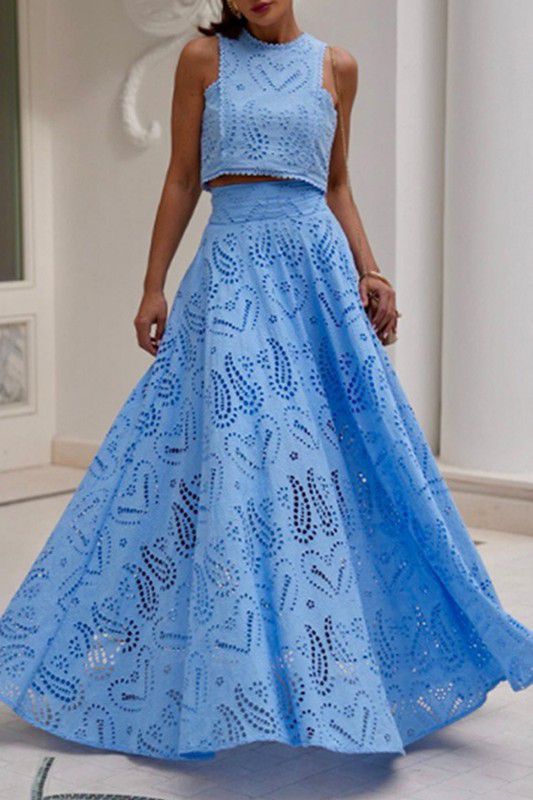 Blue lace crop top & maxi skirt set (Preorder)