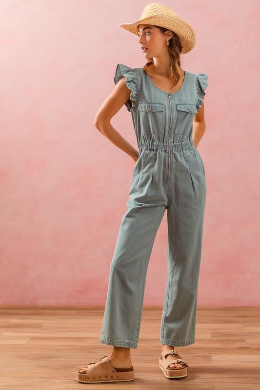 Flutter sleeve silver zipper denim Jumpsuit