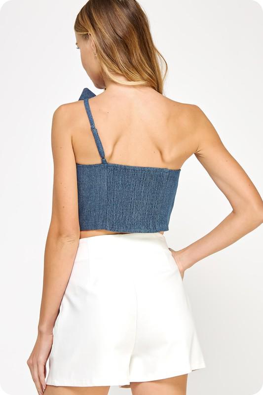 Knotted flower bow denim crop top